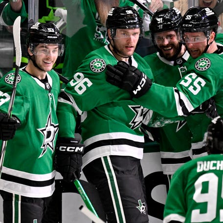 May 3: Dallas Stars right wing Mikko Rantanen (96) celebrates his game-tying goal goal during the third period of Game 7. He finished with a hat trick in the 4-2 Dallas win.