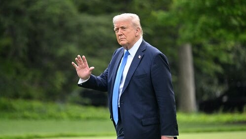 President Donald Trump walks to board Marine One as he departs from the South Lawn of the White House in Washington, DC, on May 1, 2025, en route to Joint Base Andrews.