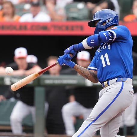 Royals third baseman Maikel Garcia slugs one of his two solo home runs in a May 4 game against the Orioles in Baltimore.