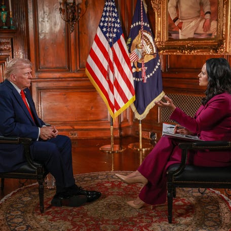 Kristen Welker of "Meet the Press" talks with President Donald Trump at his home in Palm Beach, Florida, in an interview that aired May 4, 2025.