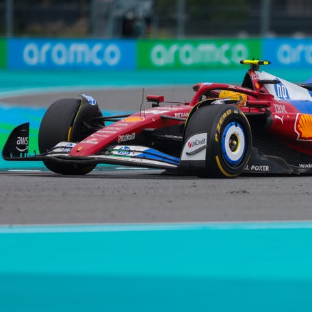 Ferrari driver Lewis Hamilton races during the F1 Miami Grand Prix at Miami International Autodrome.