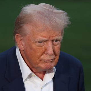 President Donald Trump takes questions from the press on the South Lawn, upon returning to the White House in Washington, DC, on May 4, 2025.