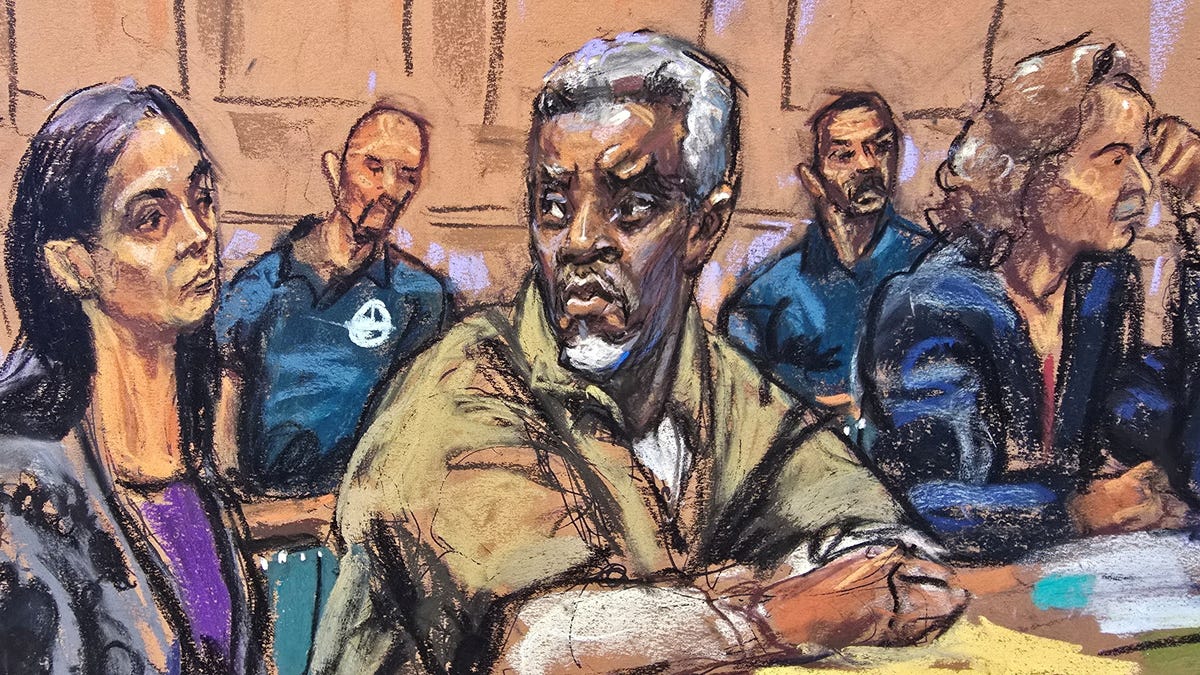 FILE PHOTO: Sean "Diddy" Combs sits with members of his defense team Teny Geragos and Alexandra Shapiro for a conference ahead of his trial next month on sex trafficking charges, in New York, U.S., April 18, 2025, in this courtroom sketch. REUTERS/Jane Rosenberg/File Photo