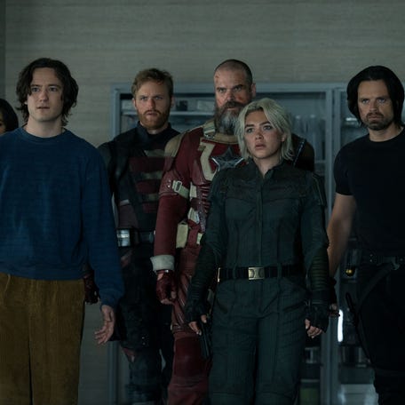 Hannah John-Kamen, Lewis Pullman, Wyatt Russell, David Harbour Florence Pugh and Sebastian Stan in "Thunderbolts*."