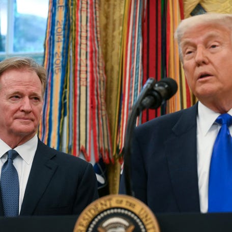 NFL Commissioner Roger Goodell looks on as US President Donald Trump speaks as during an event announcement that Washington, DC, will host the 2027 NFL Draft, in the Oval Office of the White House in Washington, DC, on May 5, 2025. (Photo by Jim WATSON / AFP) (Photo by JIM WATSON/AFP via Getty Images)