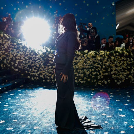 Kendall Jenner poses during the Met Gala, an annual fundraising gala held for the benefit of the Metropolitan Museum of Art's Costume Institute with this year's theme 'Superfine: Tailoring Black Style,' in New York City on May 5, 2025.