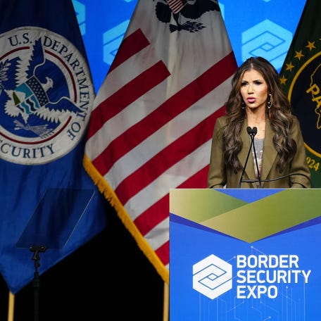 Department of Homeland Security Secretary Kristi Noem speaks during the Border Security Expo at the Phoenix Convention Center on April 8, 2025, in Phoenix, Ariz.