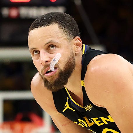 Stephen Curry of the Golden State Warriors stands on the court during their game against the Houston Rockets in Game 6 of the Western Conference first round playoff game at Chase Center on May 02, 2025.