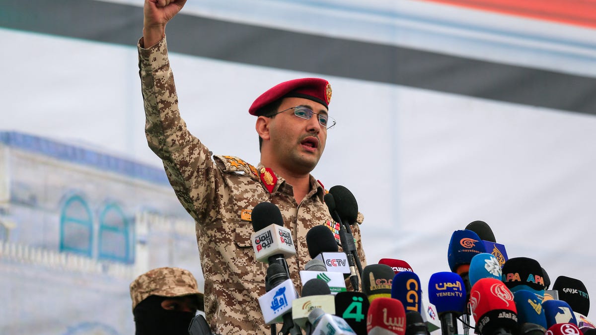 Military spokesman of Yemen's Houthi group Yahya Saree addresses a rally in solidarity with Palestinians and the Gaza Strip and in condemnation of Israel and the US, in the capital Sanaa on May 2, 2025. (