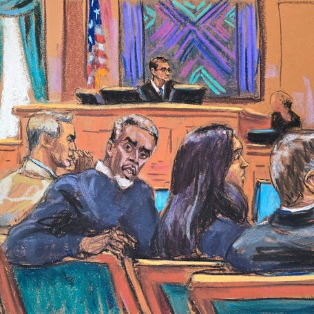 U.S. District Judge Arun Subramanian interviews potential jurors as Sean "Diddy" Combs sits with his legal team, at the start of his sex trafficking trial in New York City, New York, U.S., May 5, 2025 in this courtroom sketch. REUTERS/Jane Rosenberg