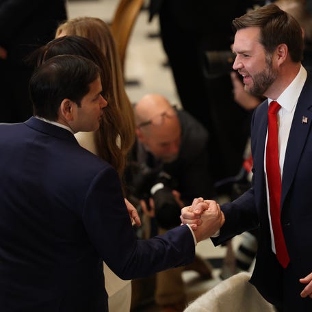 WASHINGTON, DC - JANUARY 20: U.S. Vice President J.D. Vance greets nominee for Secretary of State, U.S. Sen. Marco Rubio (R-FL) during the luncheon following inauguration of U.S. President Donald Trump at the U.S. Capitol on January 20, 2025 in Washington, DC. Donald Trump takes office for his second term as the 47th president of the United States. (Photo by Kevin Dietsch/Getty Images)