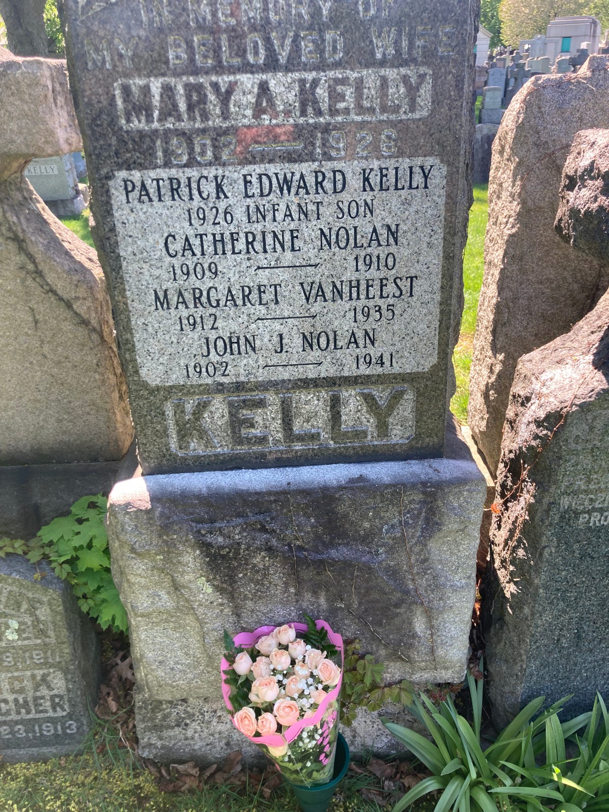 For Mother's Day, NorthJersey.com columnist Mike Kelly updated the tombstone of his grandmother, Mary A. Kelly, to reflect the burial of her son, Patrick Edward Kelly, and her siblings. The updated stone is seen April 28, 2025 at Holy Name Cemetery in Jersey City, N.J.