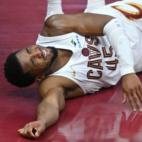 Cleveland Cavaliers guard Donovan Mitchell (45) reacts after driving to the basket in the fourth quarter against the Indiana Pacers during game two of the second round of the 2025 NBA Playoffs at Rocket Arena. Mandatory Credit: