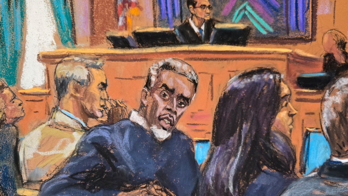 U.S. District Judge Arun Subramanian interviews potential jurors as Sean "Diddy" Combs sits with his legal team, at the start of his sex trafficking trial in New York City, New York, U.S., May 5, 2025 in this courtroom sketch. REUTERS/Jane Rosenberg