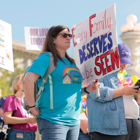 Protesters for LGBTQ+ rights and against book bans demonstrate outside the U.S. Supreme Court on April 22, 2025, as justices hear oral arguments in Mahmoud v. Taylor. It raises First Amendment questions about who decides what young children should learn about sensitive matters such as gender identity and sexuality.