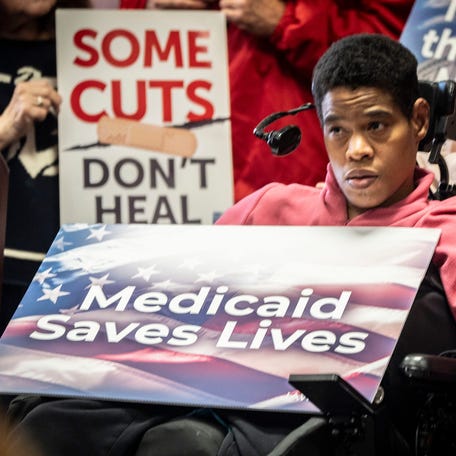 Patients, healthcare workers and caregivers gathered with U.S. Senate Minority Leader Chuck Schumer at Helen Hayes Hospital in West Haverstraw, N.Y. Schumer spoke about how cuts to Medicaid might affect recipients as the GOP considers cuts to the program.