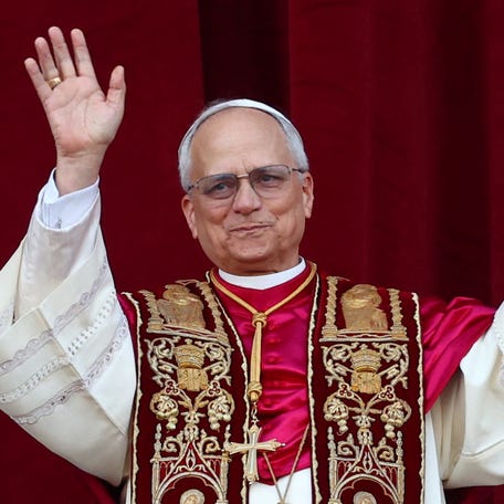 Newly elected Pope Leo XIV, Cardinal Robert Prevost of the United States appears on the balcony of St. Peter's Basilica, at the Vatican, May 8, 2025.
