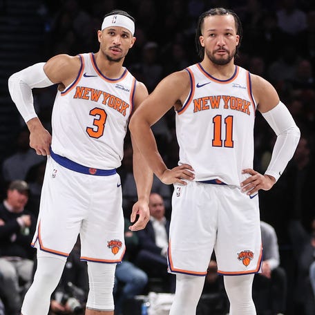 Jan 21, 2025; Brooklyn, New York, USA; New York Knicks guards Josh Hart (3) and Jalen Brunson (11) at Barclays Center. Mandatory Credit: Wendell Cruz-Imagn Images