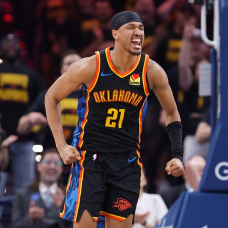 Oklahoma City Thunder guard Aaron Wiggins (21) celebrates after scoring against the Denver Nuggets in the second quarter of Game 2.