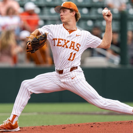 Texas pitcher Kade Bing (11) throws a pitch during his team's game against Texas Rio Grande Valley, April 15, 2025 at UFCU Disch-Falk Field in Austin.