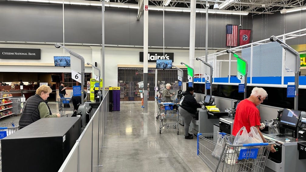 Some of the new self checkout stations at the Chapman Highway Walmart on November 3, 2023.
