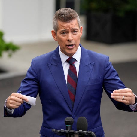 Transportation Secretary Sean Duffy speaks to media outside the White House on May 6, 2025.