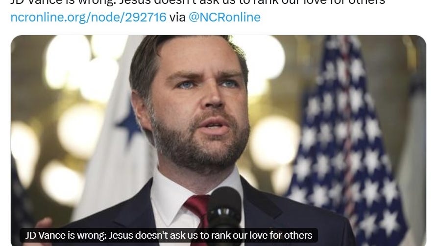 A screenshot of an X post by Cardinal Robert Prevost, elected Pope on May 8, 2025, who shared an opinion column from the National Catholic Reporter about Vice President J.D. Vance on Feb. 3, 2025.