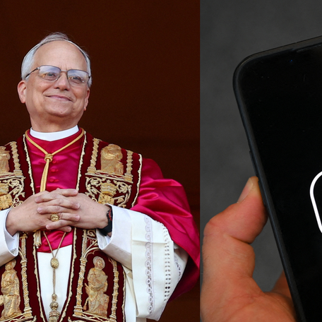 Left: Pope Leo XIV appears on the balcony of St. Peter's Basilica at the Vatican on May 8, 2025. Right: An illustration of the social media network X logo on a smartphone.