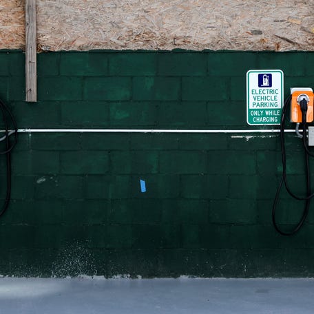 A view shows EV Charging stations in the parking area of Timber House in the Park Slope neighborhood of Brooklyn, New York, U.S., August 16, 2022.
