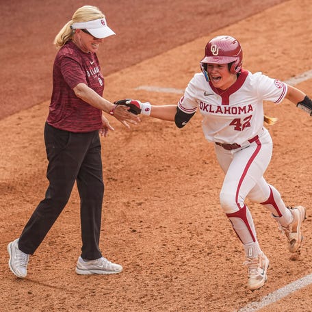May 9, 2025; Athens, GA, USA; Oklahoma infielder Gabbie Garcia (42) reacts after hitting a walk off three run home run to defeat Arkansas at Jack Turner Softball Stadium. Mandatory Credit: Dale Zanine-Imagn Images