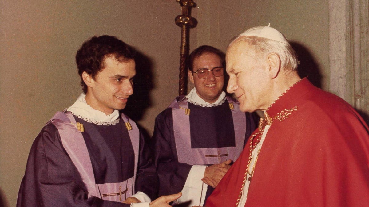 Undated picture of Robert Prevost, now Pope Leo XIV, with late former Pope John Paul II.