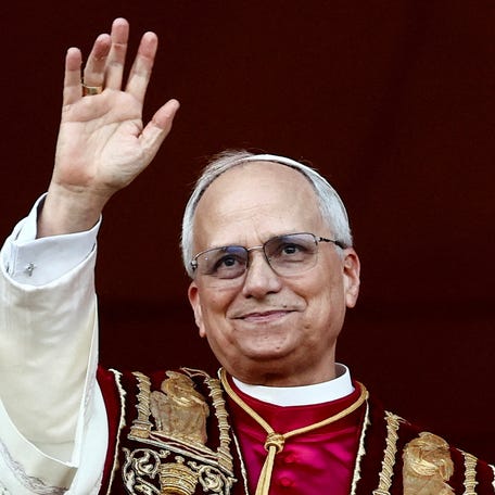 Newly elected Pope Leo XIV, Cardinal Robert Prevost of the United States appears on the balcony of St. Peter's Basilica, at the Vatican, May 8, 2025.