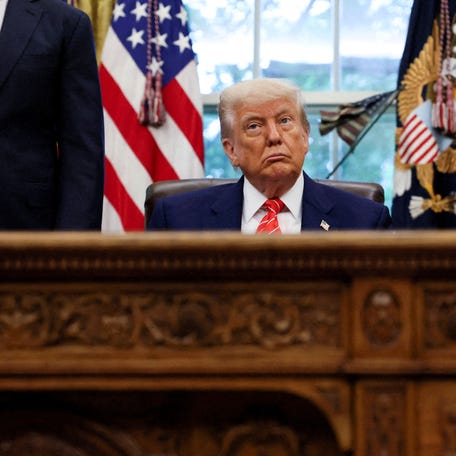 President Donald Trump makes an announcement about a trade deal with the United Kingdom, in the Oval Office at the White House in Washington, D.C., on May 8, 2025.