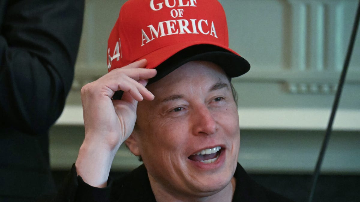 Elon Musk, wearing two hats, speaks during a cabinet meeting in the Cabinet Room of the White House in Washington, DC, on April 30, 2025.