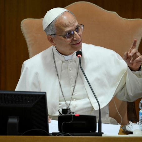 Pope Leo XIV speaks during a meeting with the Cardinals at the Vatican.