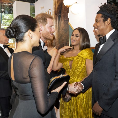 Prince Harry and Duchess Meghan meet Beyoncé and Jay Z at the London premiere of "The Lion King" on July 14, 2019.