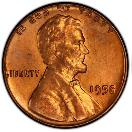 A minting error known as doubled die can create potentially valuable coins. A mint red condition 1958 Lincoln cent with profound doubling in the words "Liberty: and "In God We Trust" sold at auction by GreatCollections for $1.136 million in 2023.