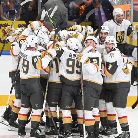 May 10: The Vegas Golden Knights celebrate their win against the Edmonton Oilers on Reilly Smith's goal with 0.4 seconds left. Vegas won 4-3.