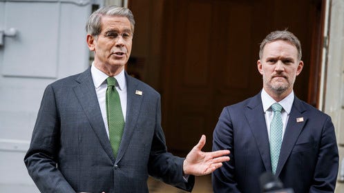 Treasury Secretary Scott Bessent (L) and US Trade Representative Jamieson Greer speak to the media after talks between seniors US and Chinese officials on tariffs at the residence of the permanent Swiss ambassador to the United Nations in Geneva.