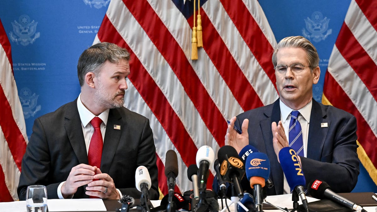 US Treasury Secretary Scott Bessent and US Trade Representative Jamieson Greer hold a news conference in Geneve on May 12, 2025, to give details of "substantial progress" following a two-day closed-door meeting between US and China top officials aimed at ending a devastating tariff war.