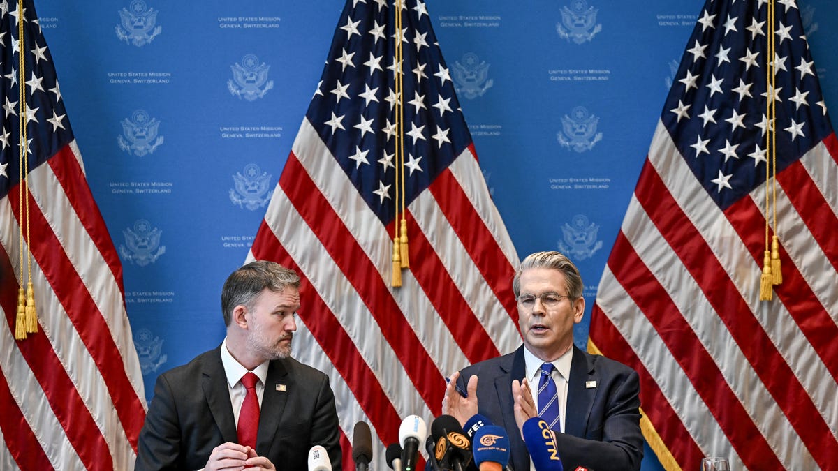 US Treasury Secretary Scott Bessent and US Trade Representative Jamieson Greer hold a news conference in Geneve on May 12, 2025, to give details of "substantial progress" following a two-day closed-door meeting between US and China top officials aimed at ending a devastating tariff war.