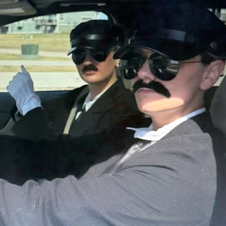 Their best friend needed a ride to her ACL follow-up appointment. Her friends hilariously dressed as her 'personal drivers' for the day.