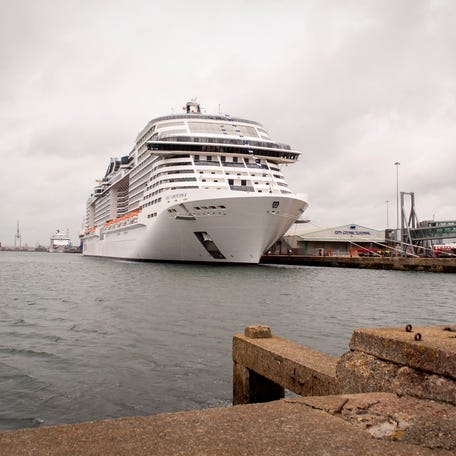 MSC Virtuosa is seen berthed at the City Cruise Terminal on May 20, 2021 in Southampton, England.