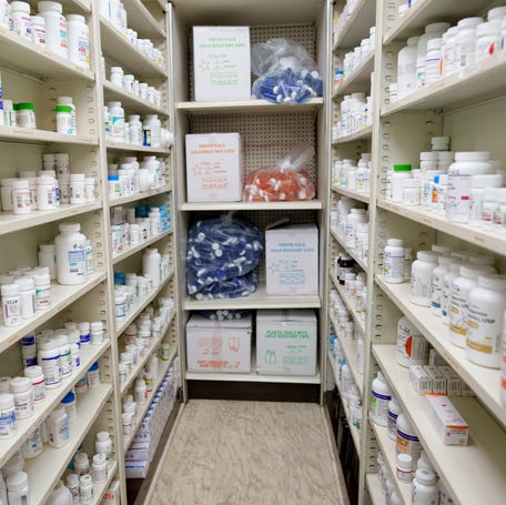Medications are stored on shelves at a pharmacy on May 12, 2025 in Los Angeles.