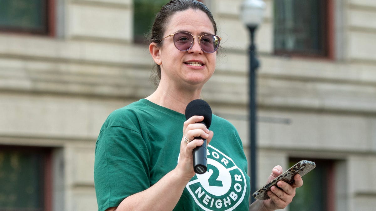 Ashley Spring speaks during a protest on the Worcester Common May 13.