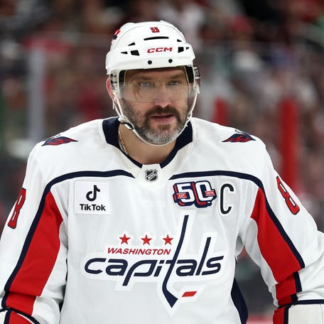 Alex Ovechkin #8 of the Washington Capitals looks on during the first period in Game 3 of the second round of the 2025 Stanley Cup Playoffs against the Carolina Hurricanes at Lenovo Center at Lenovo Center on May 10, 2025 in Raleigh, North Carolina.