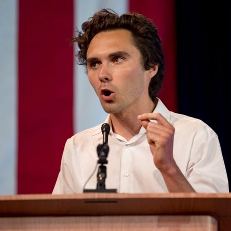 David Hogg, American gun control activist, speaks during the Texas Democratic Party Convention in El Paso, Texas, at the El Paso Convention Center on Friday, June 7, 2024.
