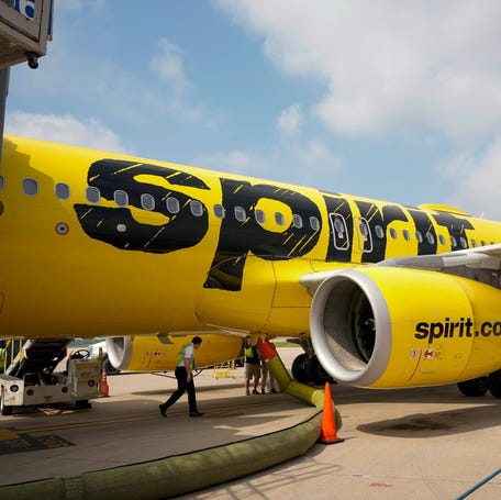A Spirit Airlines plane on the tarmac at Austin-Bergstrom International Airport in Austin, Texas on Thursday April 18, 2024.