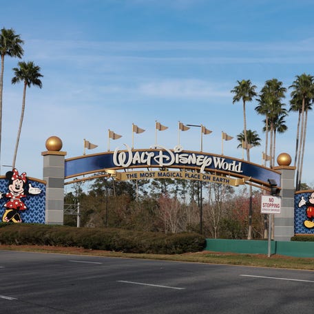 ORLANDO, FLORIDA - FEBRUARY 01: A sign welcomes visitors near an entrance to Walt Disney World on February 01, 2024, in Orlando, Florida. A federal judge has dismissed a lawsuit against Florida Gov. Ron DeSantis, which Walt Disney Co. said it will be appealing its loss in a lawsuit. The case revolves around the Governor taking over Disney's special governing district after Disney opposed Florida legislation that critics have dubbed â€œDonâ€™t Say Gay.â€ (Photo by Joe Raedle/Getty   Images)