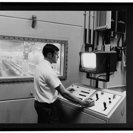 This archival photo shows the Rocky Flats Plant, Plutonium Manufacturing Facility,in Golden, Colorado. Building 707 was the primary plutonium manufacturing and assembly facility at the plant from 1970 until curtailment of operations in 1989.